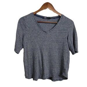 Tahari Womens Blue White Striped 100% Linen Boxy Lagenlook Vneck Blouse Large